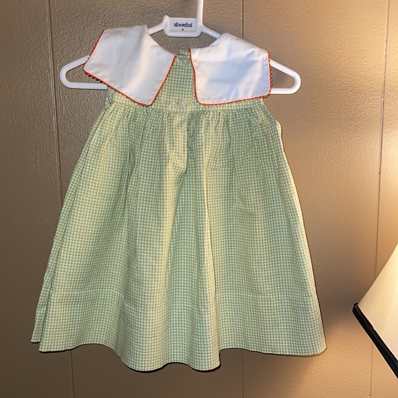 Monday’s  Child,  Boutique Dress, 6M, green gingham with frog. - Picture 3 of 4